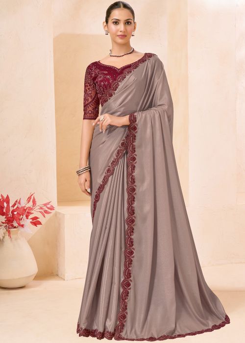 Brown Georgette Saree With Maroon Blouse