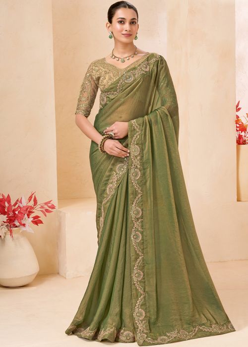 Green Georgette Saree With Thread Embroidery