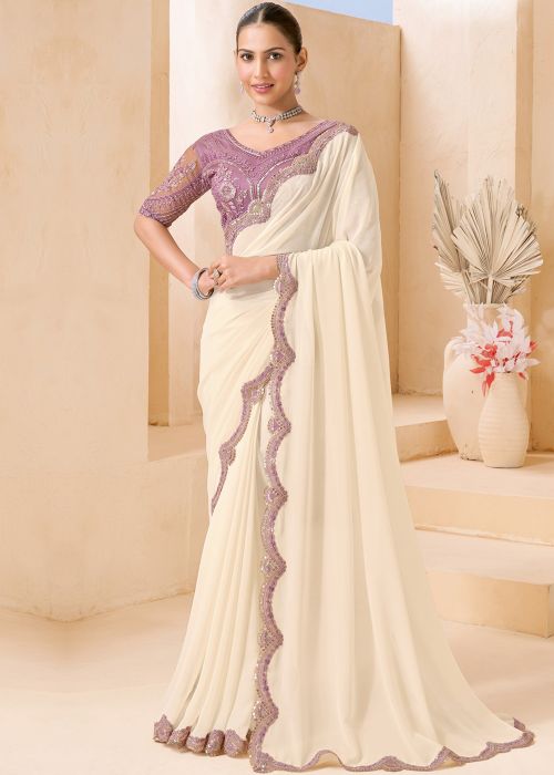 Cream Georgette Saree With Lavender Blouse