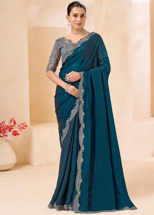 Teal Blue Saree With Grey Embroidered Blouse