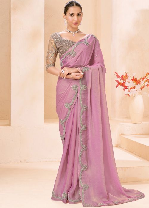 Pink Georgette Saree With Embroidered Blouse