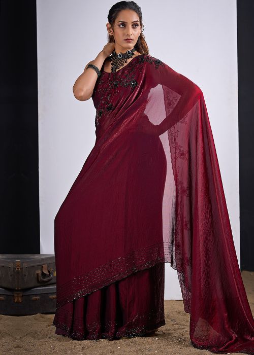 Maroon Silk Saree With Stone Embroidery