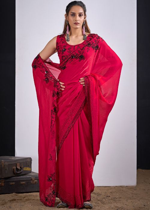Red Silk Saree With Sequin Work