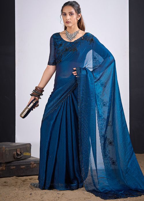 Blue Silk Saree With Embroidered Blouse