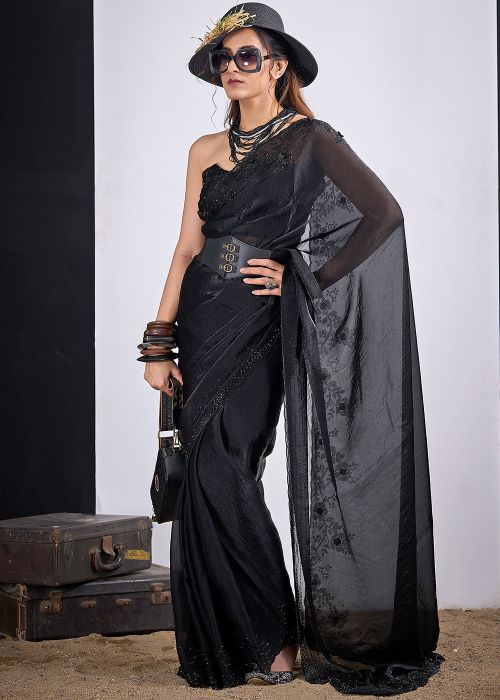 Black Silk Saree With Sequin Detailing
