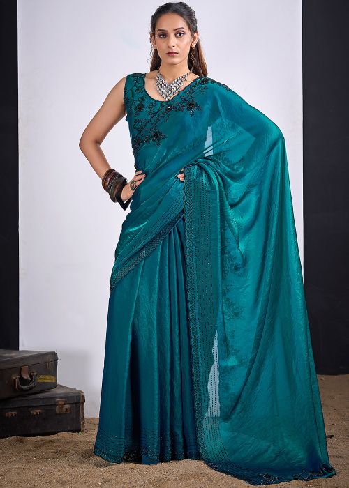 Teal Green Silk Saree With Stone Work