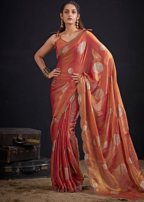 Rust Orange Art Silk Saree With Zari Motifs