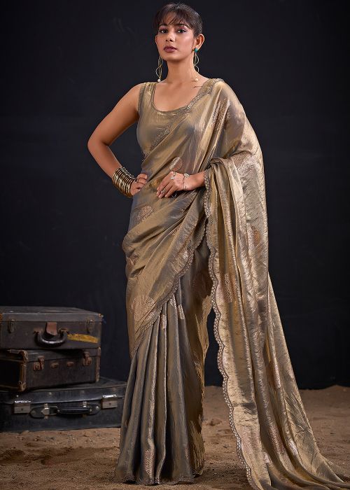 Metallic Grey Saree With Scalloped Border