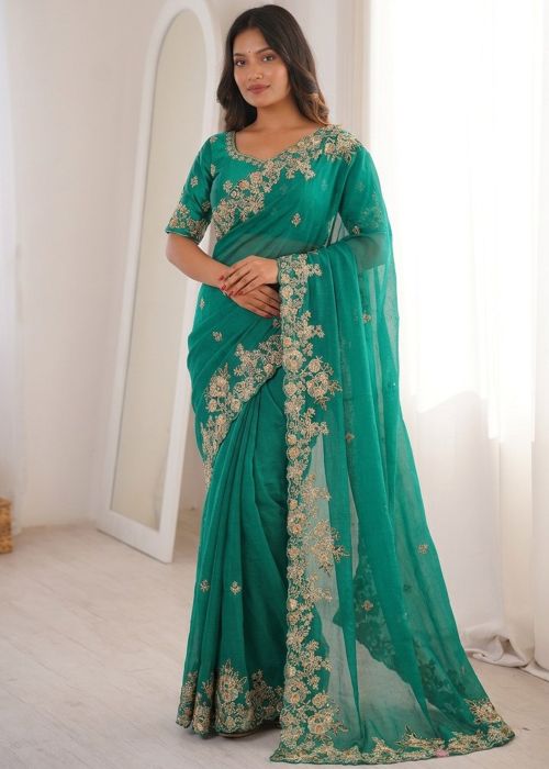 Green Chiffon Saree With Embroidered Border