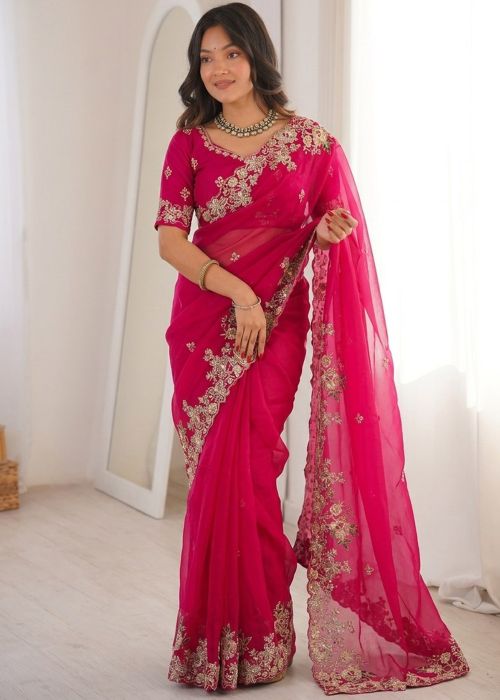 Pink Chiffon Saree With Sequins Work