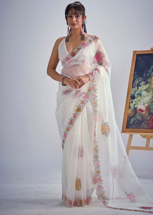 White Organza Saree With Scalloped Border