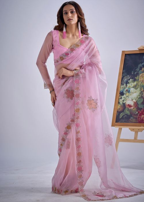 Pink Organza Saree With Floral Stone Work