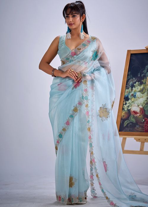 Blue Organza Saree With Scalloped Border