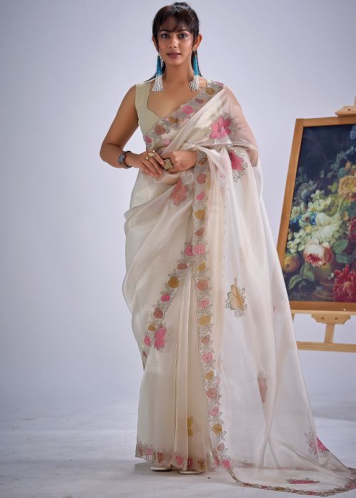Off White Organza Saree With Floral Border