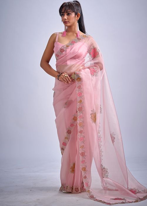 Baby Pink Organza Saree With Stone Work
