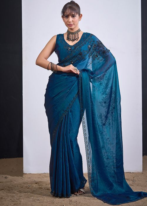 Teal Blue Satin Saree With Sequins Border