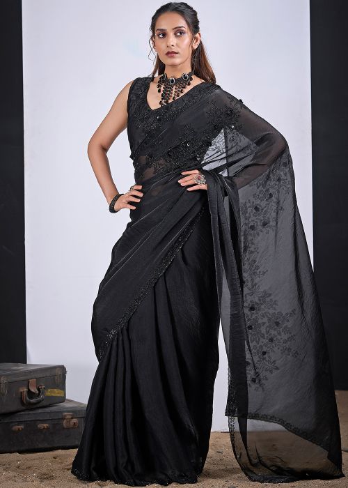 Black Satin Saree With Embroidered Detail