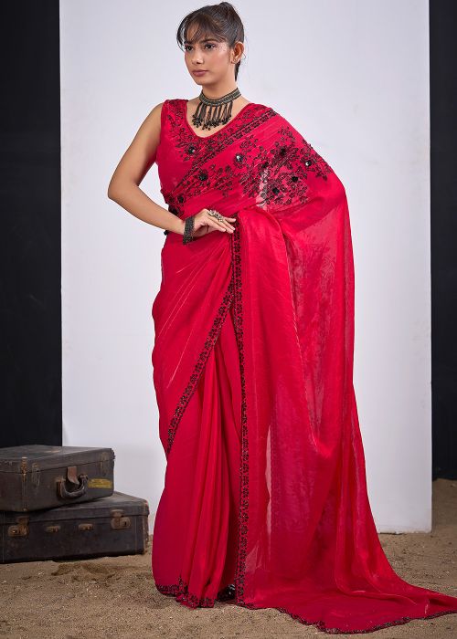 Pink Satin Saree With Sequins Embroidery