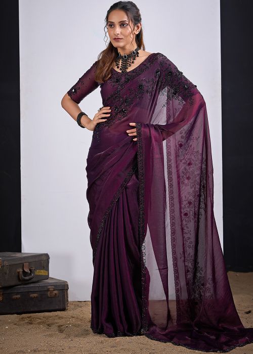 Purple Satin Saree With Embroidered Border