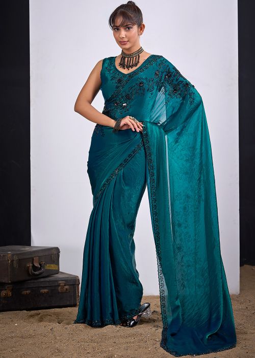 Teal Green Satin Saree With Sequin Work