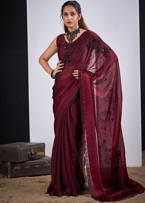 Maroon Satin Saree With Embroidery Border