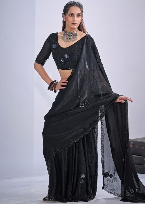Black Satin Saree With Stone Embroidery