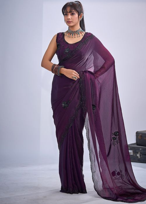 Purple Satin Saree With Sequins Detail