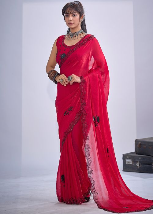 Pink Satin Saree With Stone Work