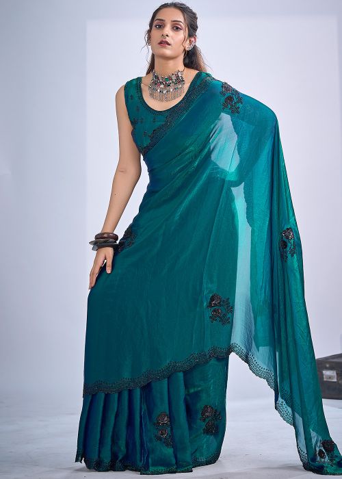 Teal Green Satin Saree With Stone Embroidery