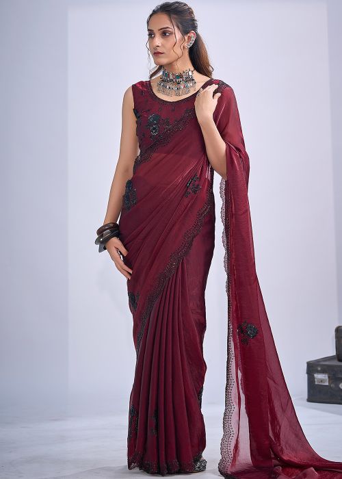 Maroon Satin Saree With Sequins Border