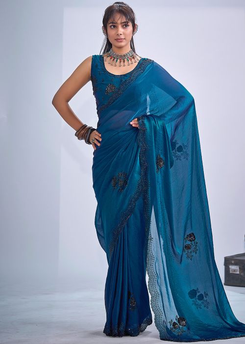 Blue Satin Saree With Sequins Embroidery