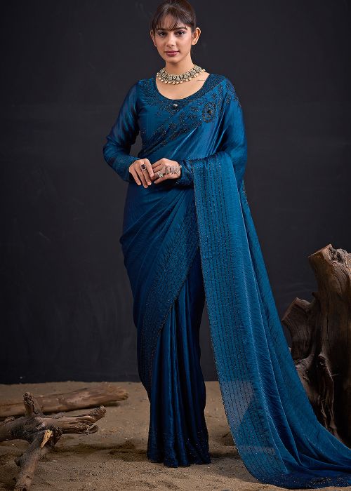 Teal Blue Satin Saree With Intricate Stones