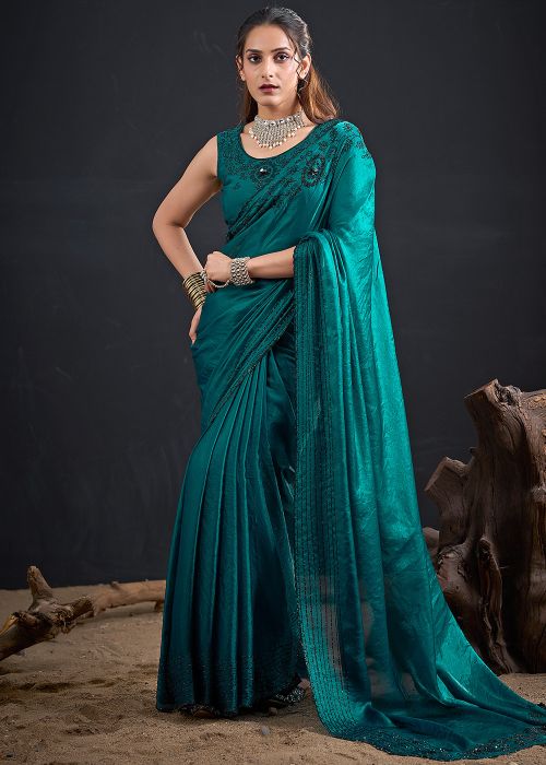 Green Satin Saree With Stone Embroidery