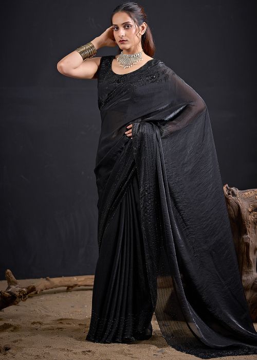 Black Satin Saree With Stone Border