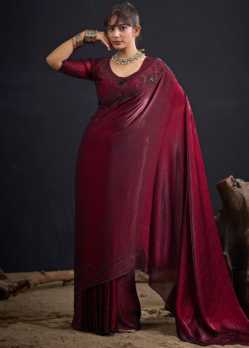 Maroon Satin Saree With Stone Accents