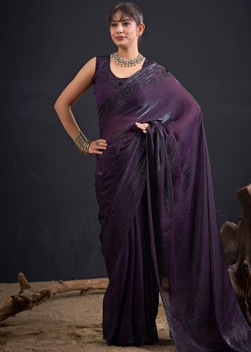 Purple Satin Saree With Sequins Work