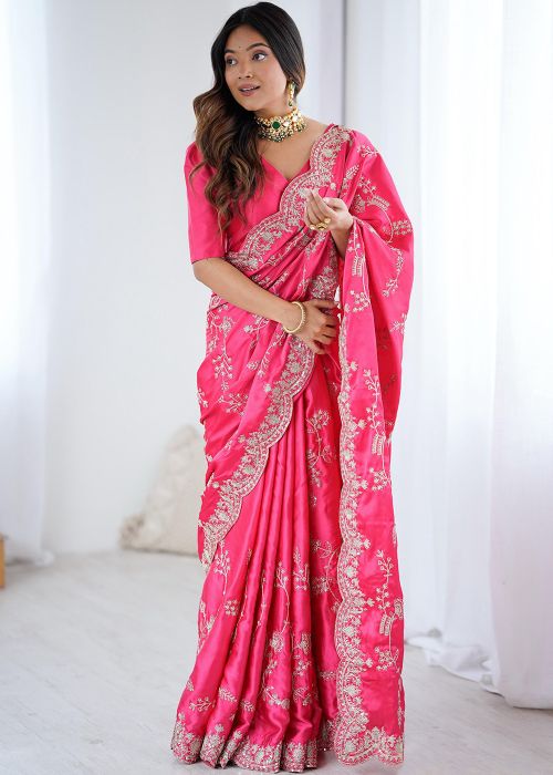 Pink Satin Saree With Dori Embroidery