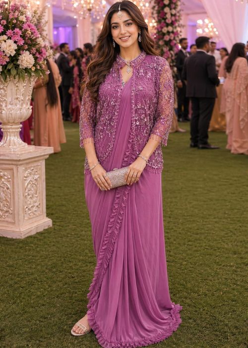 Mauve Pink Lycra Saree With Net Jacket
