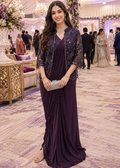 Purple Lycra Saree With Embroidered Jacket