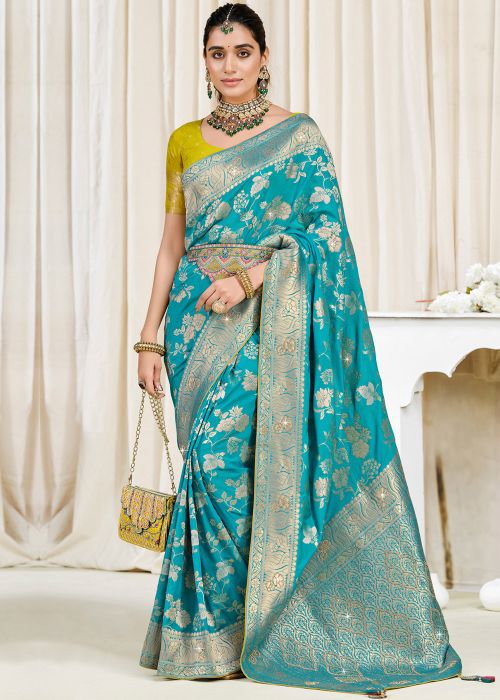 Turquoise Art Silk Saree With Woven Zari