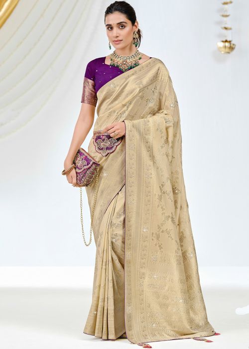 Beige Art Silk Saree With Woven Accent