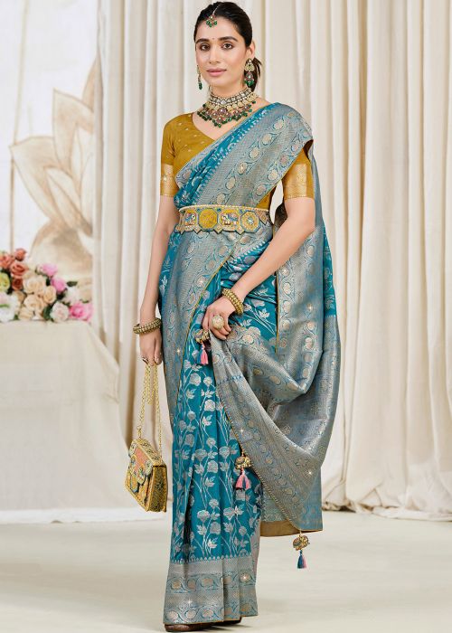 Blue Art Silk Saree With Woven Border