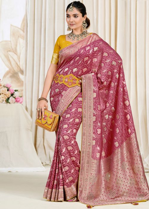 Rose Pink Saree With Zari Woven Motifs