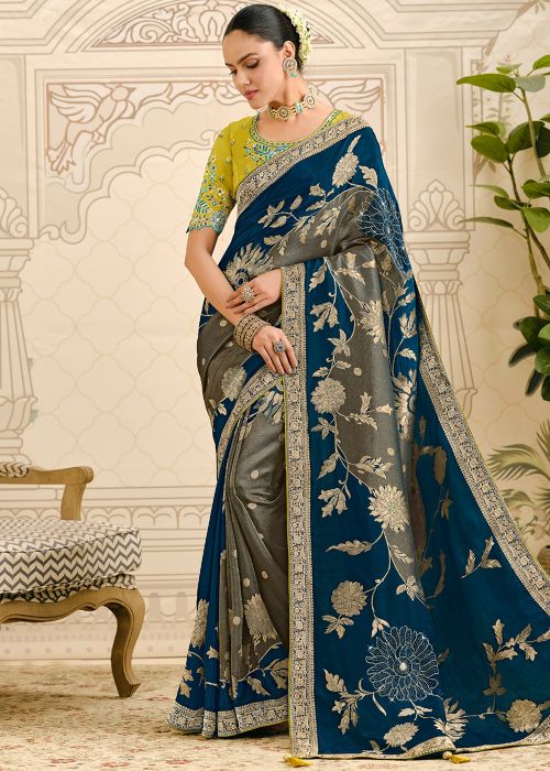 Navy Blue Silk Saree With Floral Zari