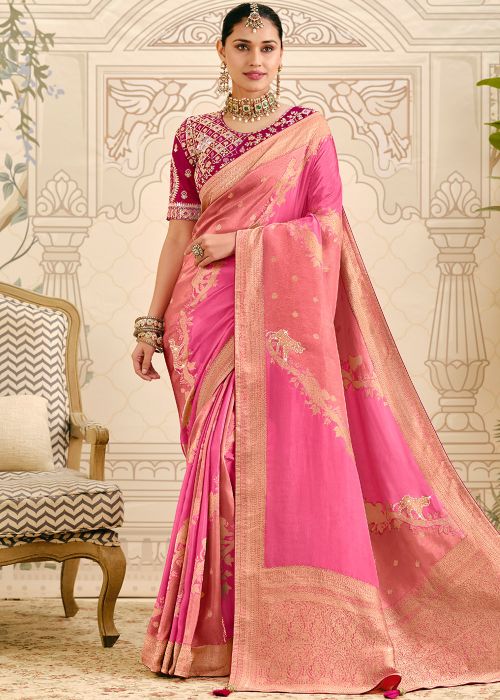 Pink Silk Saree With Gold Zari