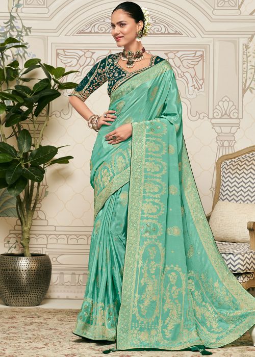 Sea Green Silk Saree With Woven Zari