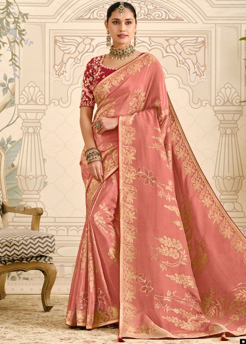 Peach Silk Saree With Zari Border