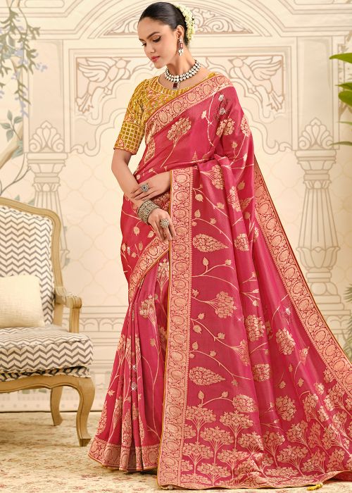 Rose Pink Silk Saree With Woven Accents