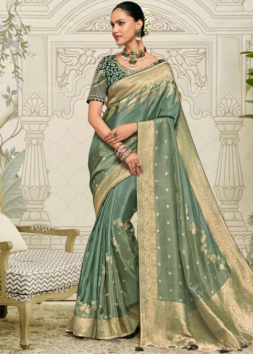 Muted Green Zari Woven Silk Saree
