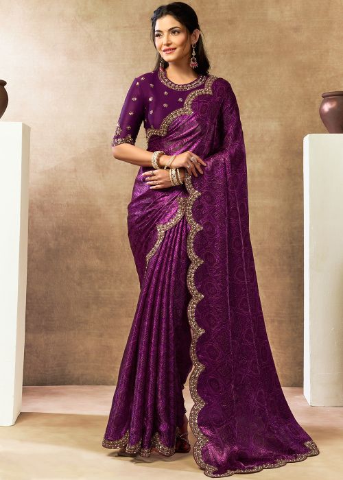 Purple Satin Saree With Sequins Border